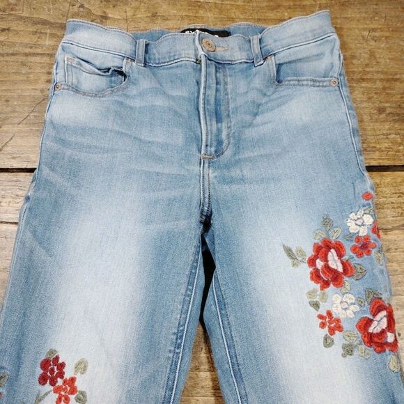 Express 2R Jeans Blue Denim Floral Embroidery Festival Boho High Leggings - Picture 3 of 11